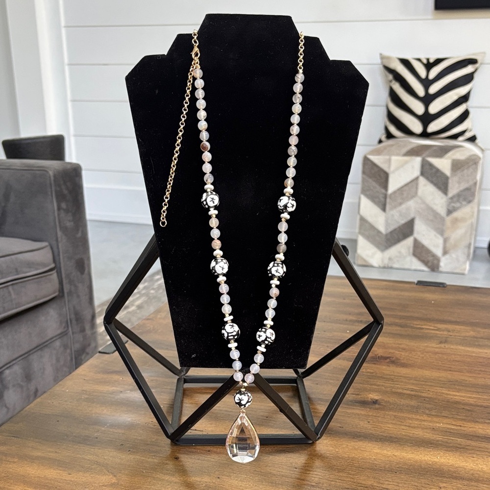 Anthropologie Gold, Black and White Beaded Necklace with large Crystal.